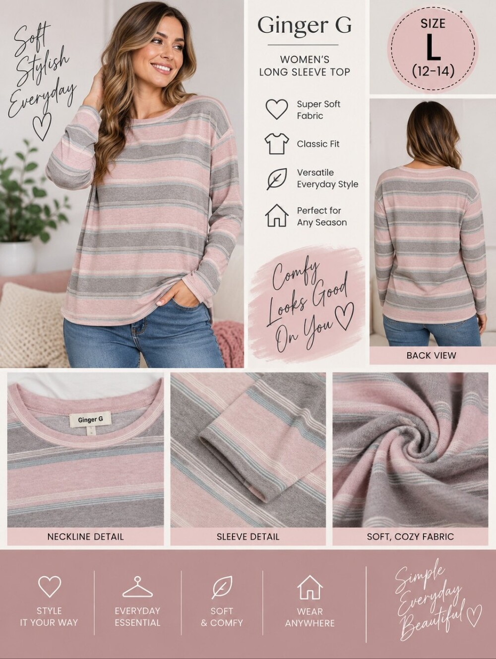 Ginger G Women's large pink Grey soft long sleeve top #19